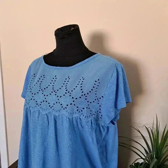 ❤ NWT Jachs Girlfriend Blue Cotton Top Large Slub Knit Short Sleeved Eyelet Yoke - Picture 5 of 12